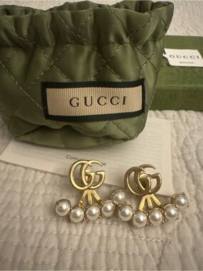 Gucci GG Marmont Pearl Double G Ear Jacket Earrings Gold Tone